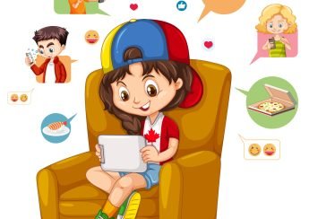Children with social media elements on white background illustration